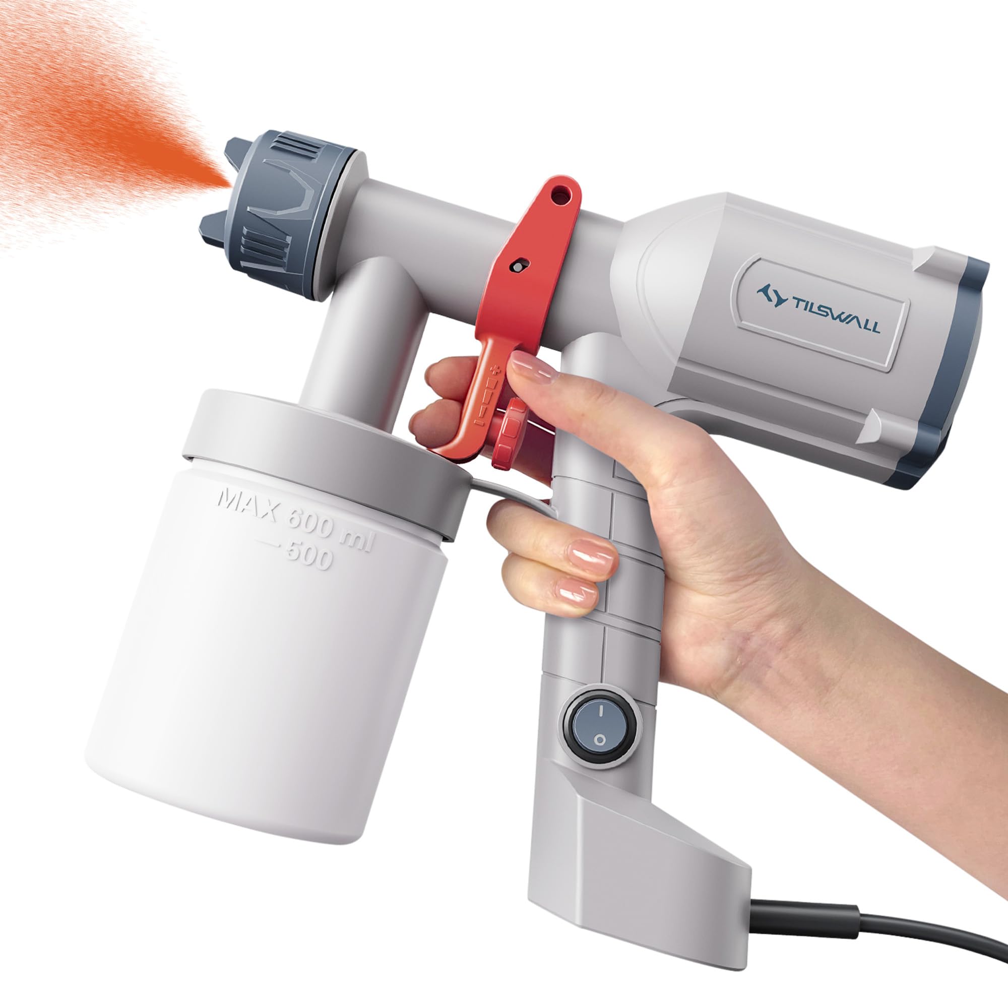 Tilswall Pistola de Pintura Eléctrica - Pulverizador de Pintura Ultraligera con Tanque Desmontable De 600ml, 2 Boquillas & 3 Modos, Paredes, Techos, Muebles, Vallas, Cáscara de Huevo
