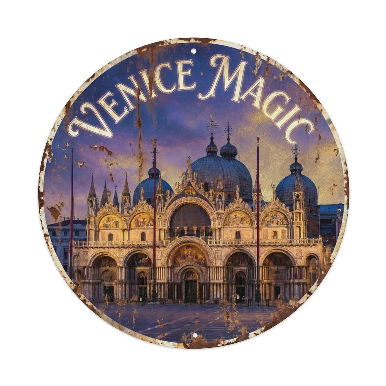 Classic Venice Cathedral Basilica Architecture Italy Vacation Metal Tin Sign Plaque Wall Decor for Cafe, Man Cave, Club Bar, Office, Home Garden Round Metal Poster 8x8Inch
