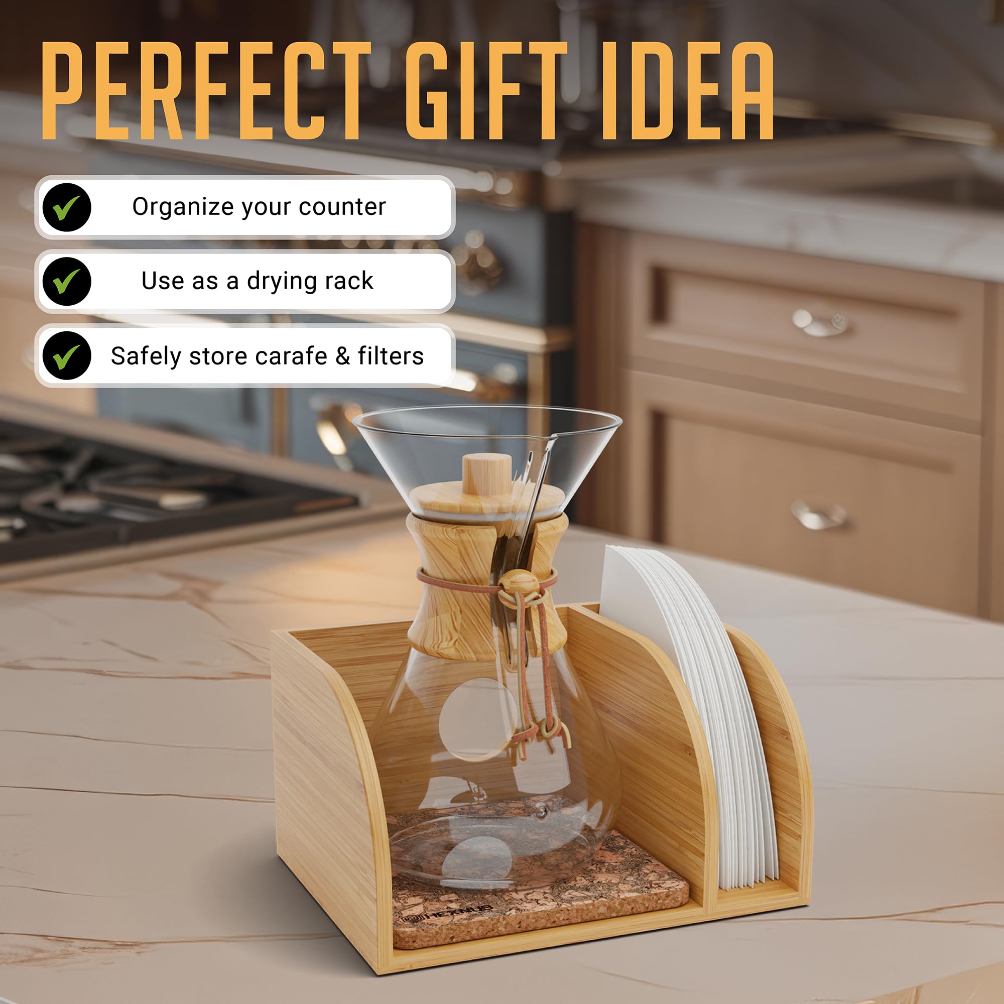 Organizador y tapa para cafetera, soporte de bambú para jarras de café Chemex, Bodum, Cosori, alfombrilla resistente al calor, soporte de filtro para cafetera de goteo, tapete de corcho 7