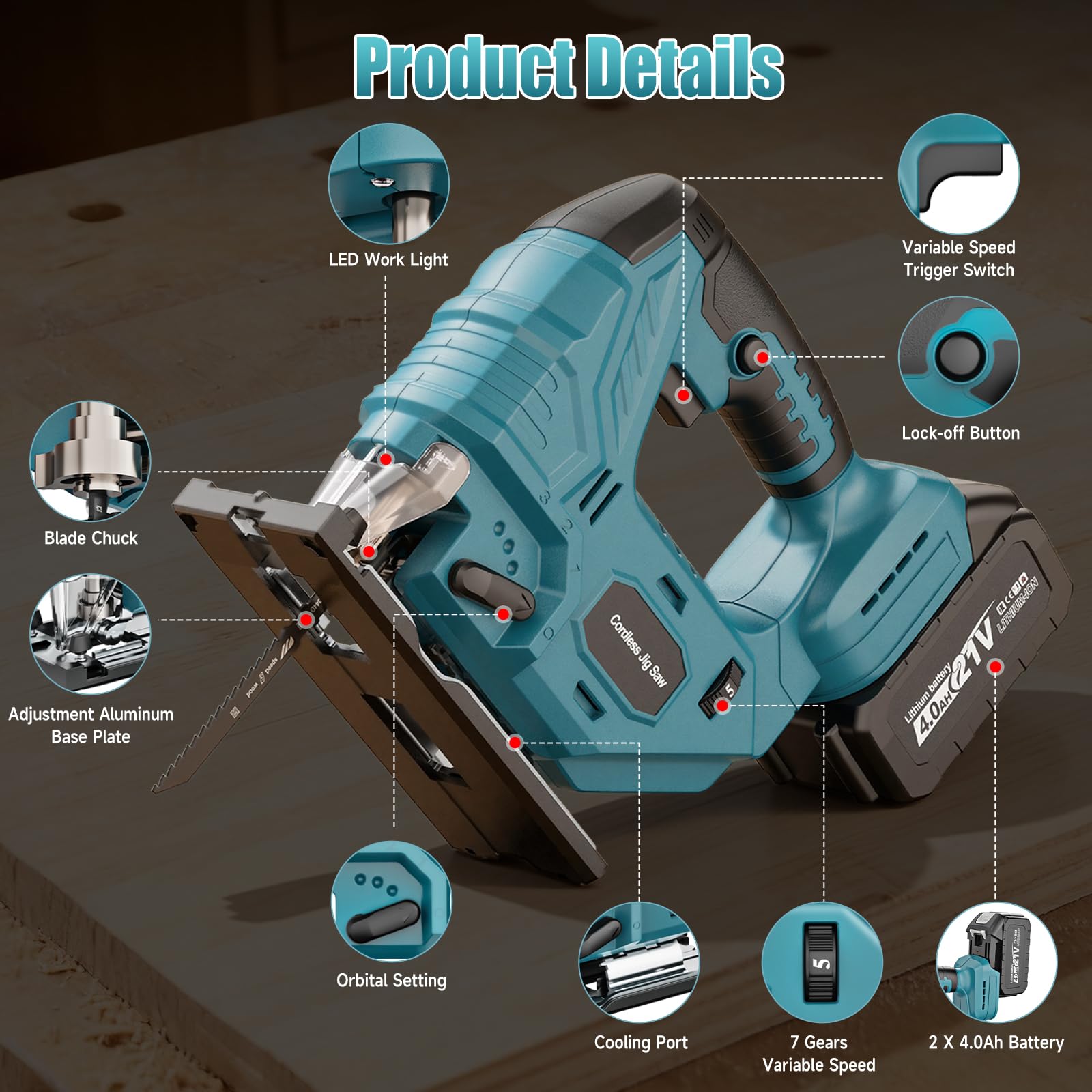 Yofuly Sierra de Calar Compatible con Baterías Makita de 18V, Caladoras para Madera con 2 Baterías de 4,0 Ah, 7 Velocidades Variables 3200SPM, Angulo de Corte de ±45°, 6 Hojas