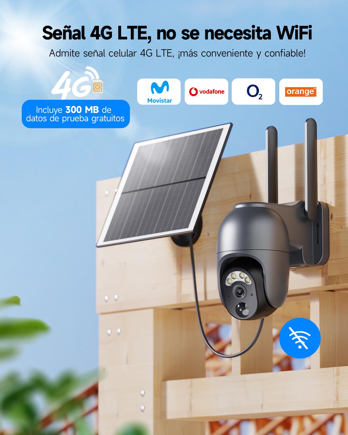 4G LTE Cámara Vigilancia Exterior con Sim, 2K HD Cámara de Seguridad Solar Inalámbrica con Batería, PTZ 355°/100°, Visión Nocturna, PIR Detección de Movimiento, Audio Bidireccional, IP66