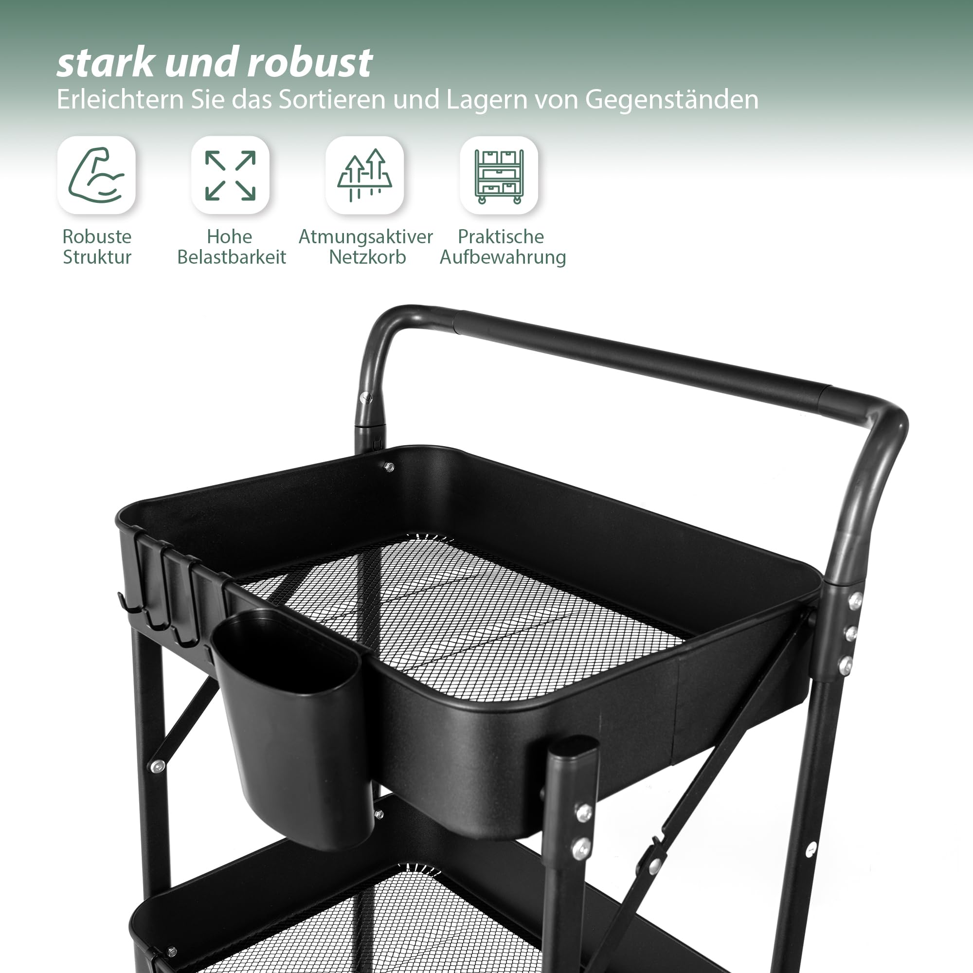 Amatic Beistellwagen 3 Etagen Küchenregal, klappbar Servierwagen mit Rollen, Metall-Stauraumwagen, Küchenwagen mit Griffen, Rollwagen Küche Trolley Kunststoff, Platzsparendes Badregal, Schwarz