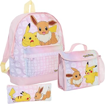 Girls Pokemon Backpack + Lunch Bag + Pencil Case 3 Piece Pikachu & Eevee College School Bag Set, Pink, Backpack