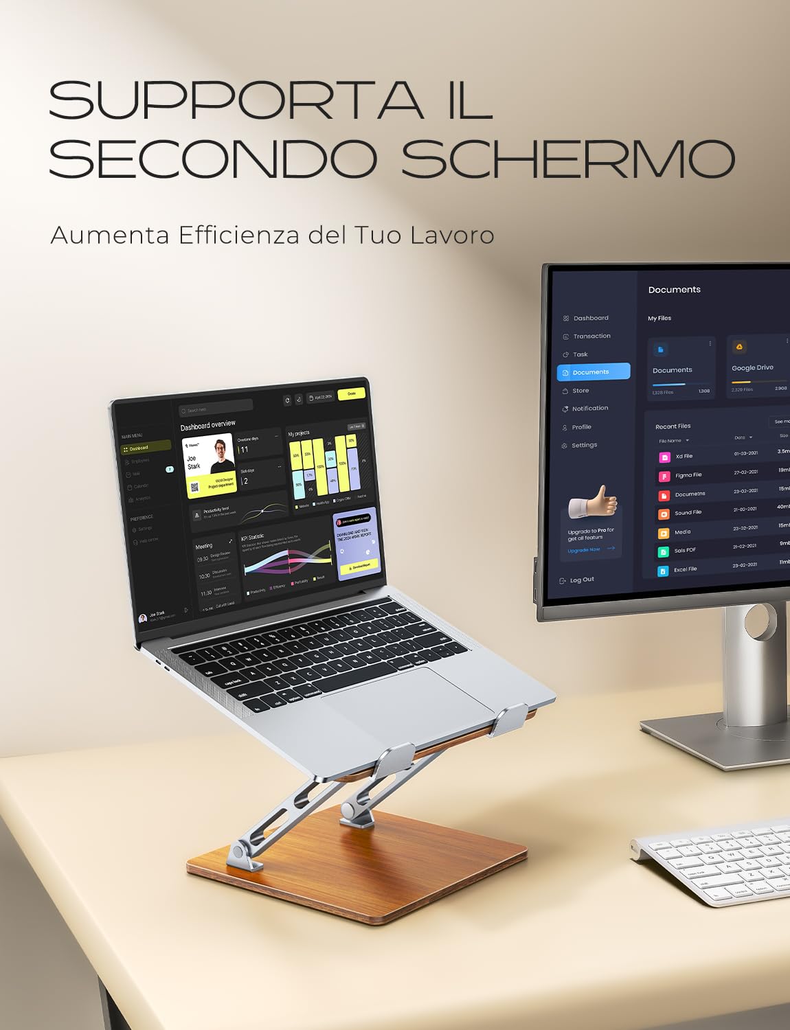 CIRYCASE Supporto PC Portatile Ergonomico, Laptop Stand Legno & Alluminio Rialzo PC Scrivania Doppia Barra, Regolabile Altezza Pieghevole, Supporti Libri da Cucina Compatibile con MacBook B28 10-16"