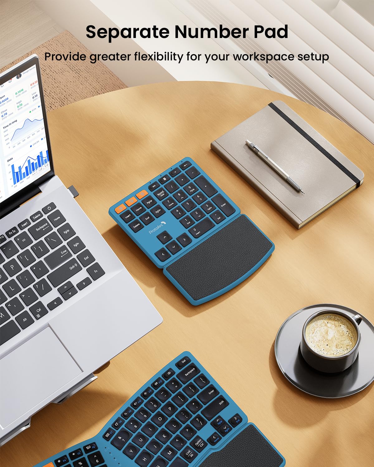 ProtoArc Bluetooth Ergonomic Keyboard, Wireless Split Keyboard with Separate Number Pad, Dual Bluetooth and USB, Hard Wrist Rest, Rechargeable for Windows/Mac/Android - Blue — view 5