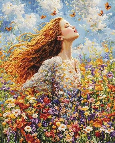 Hdfvlfdsa DIY Cross Stitch Kits for Beginners,Flower Fairy in The Sea of Flowers15.7X19.7In 11Ct Counted Needlework Kits for Adults,Stamped Cross Stitch Kit with Printed,Hand Embroidery Kits for Home