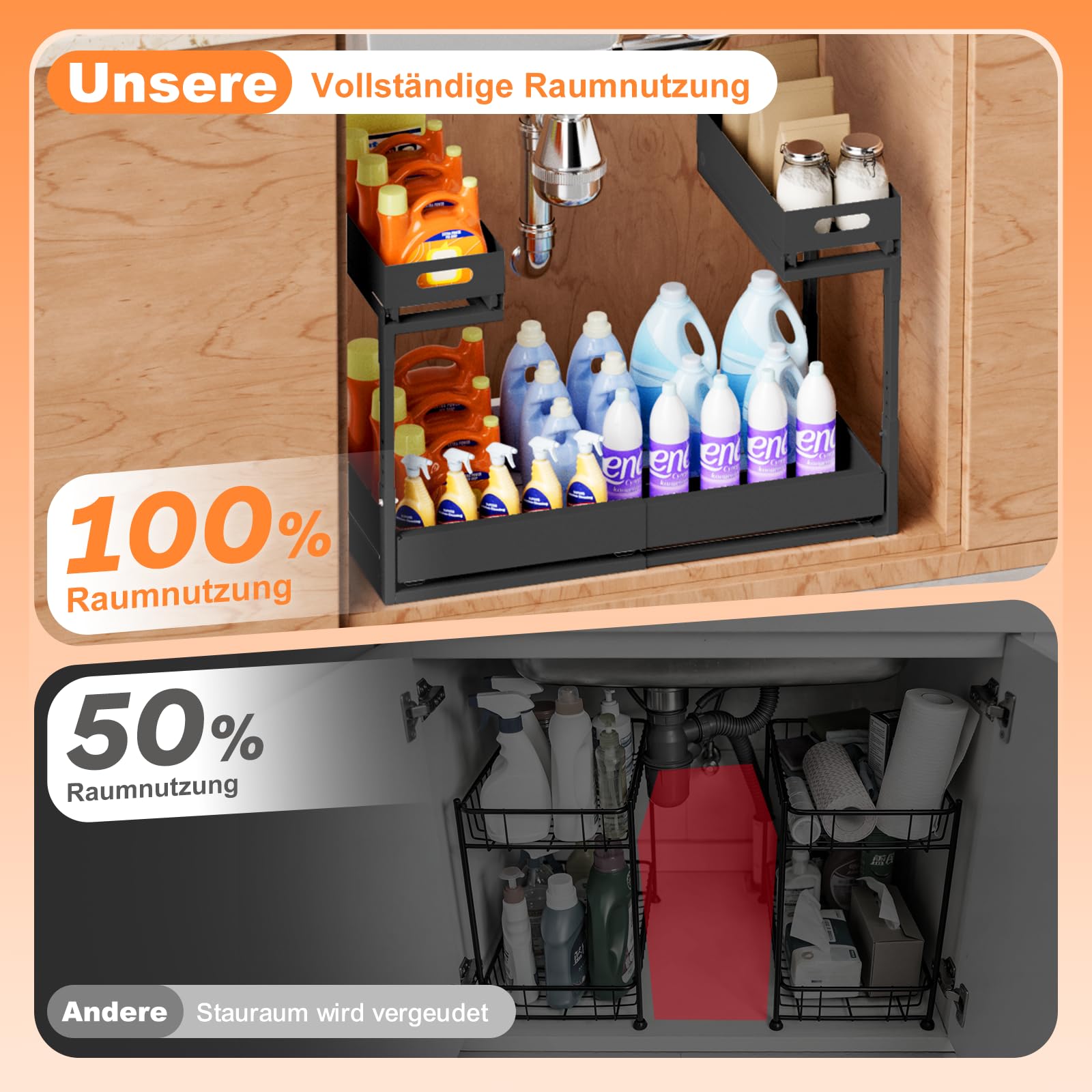 YJHome Ausziehbare Spülschrank Organizer, Metall Unter Waschbecken Regal 2 Etagen, Verstellbare Breite Höhe, Herausziehen Under Sink Organizer für Küche, Bad, Unterschrank, 1-Stück-Plus Schwarz