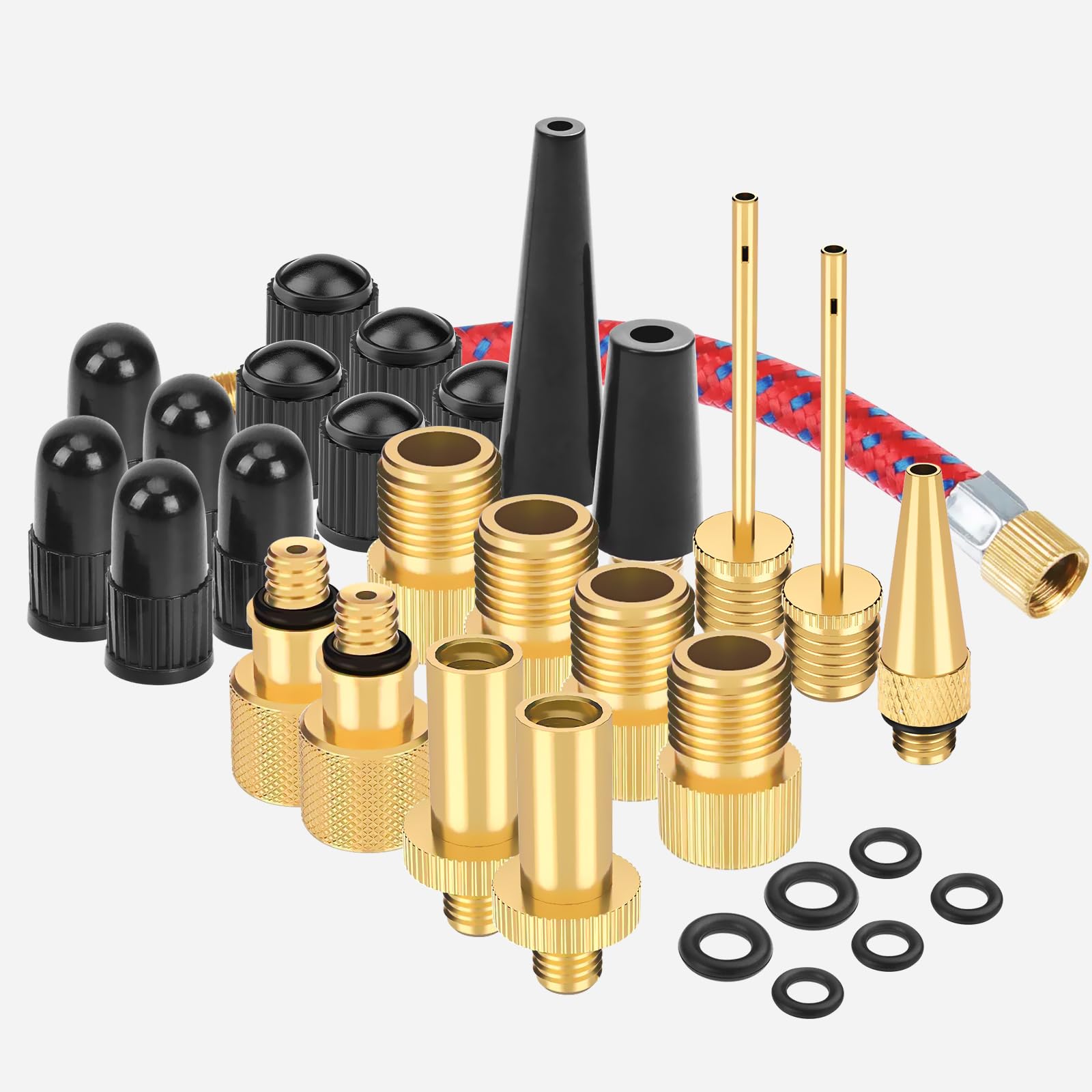 Romon Zestaw 30 adapterów do wentyli rowerowych, wszystkie adaptery do wentyli rowerowych, SV AV DV, adapter do pompki z pierścieniem uszczelniającym, francuskim adapterem do pompki rowerowej, igły do
