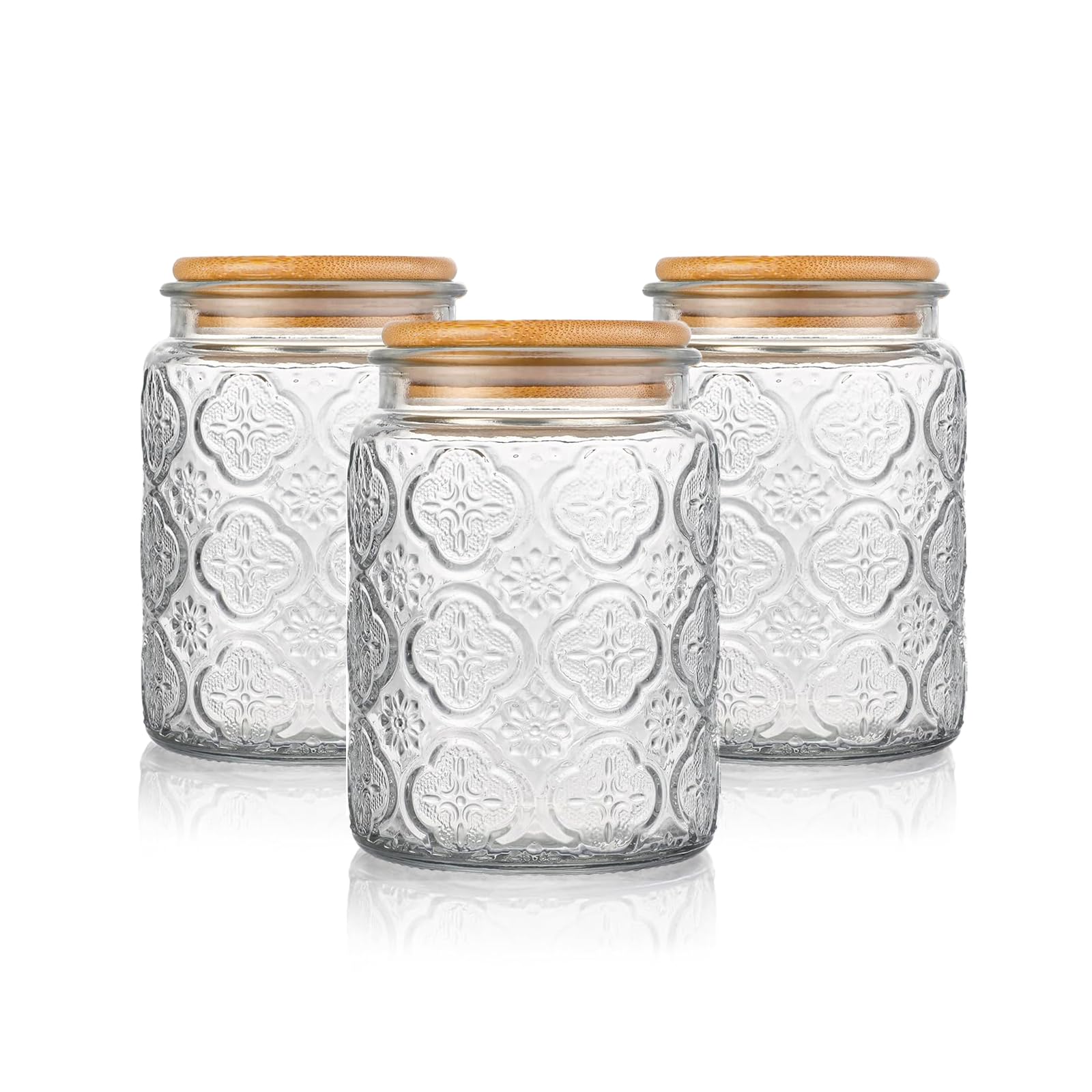 Eidoct Transparent [3-Pack Stackable Glass Canisters Set] Coffee Tea Sugar Spices Storage Jars With Airtight Wooden Lids, 700Ml Begonia Floral Design Kitchen Pantry Containers (Begonia Finish)