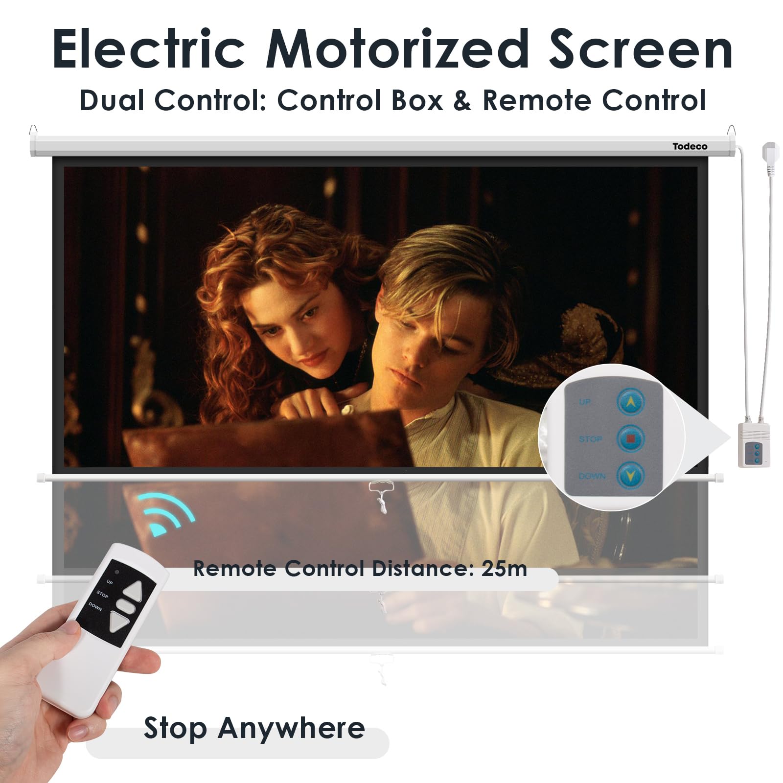 Todeco Écran de Projection Motorisé 84 Pouces, Écran Projecteur Électrique | Télécommande ou Commande filaire, Formats 4:3, 16:9, Compatible Full HD, 4K, 3D, Fixation Mur ou Plafond, pour Home, Bureau