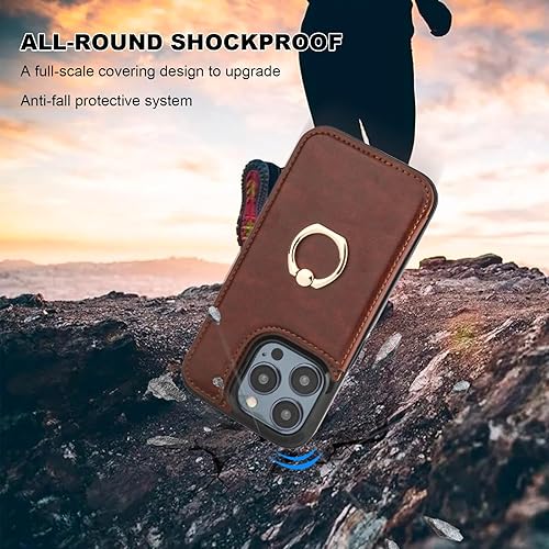 Miniatura 7 de Funda tipo cartera para iPhone 15 Pro con soporte para tarjetas, anillo de rotación de 360, función atril con bloqueo RFID, piel sintética, doble