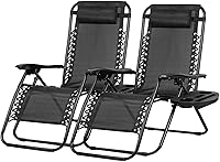 Nazhura Set of 2 Zero Gravity Recliner Chairs - Adjustable Steel Mesh Patio Lounge with Pillows & Cup Holders, Black