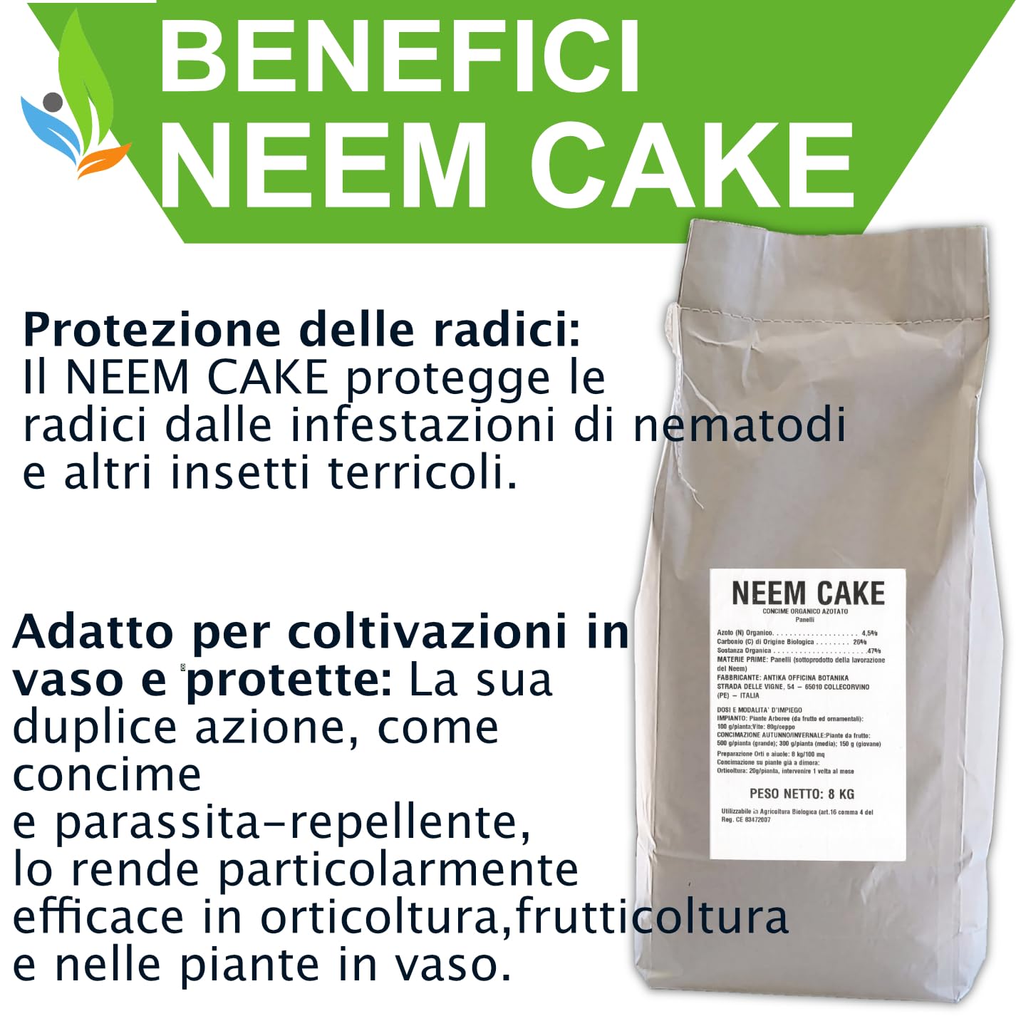 Neem Cake, Concime Biologico Vegetale, 3 Buste da 8 kg, per Orticoltura e Giardinaggio