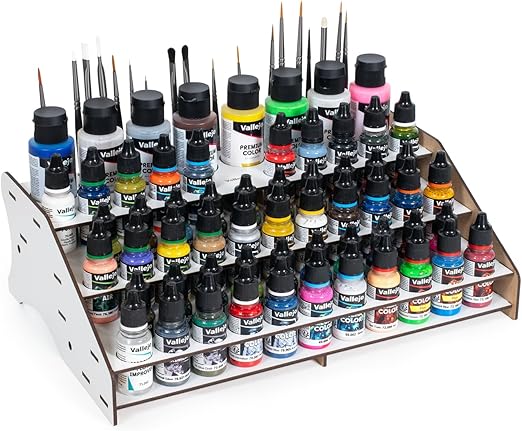 Vallejo - Front Paint Storage Rack for Scale Models and Miniatures | Capacity for 52 Bottles of 18 ml. (0.6 fl.oz.), 8 Bottles of 35 ml. (1.18 fl.oz.) or 60 ml. (2.02 fl.oz.) and 22 Brushes