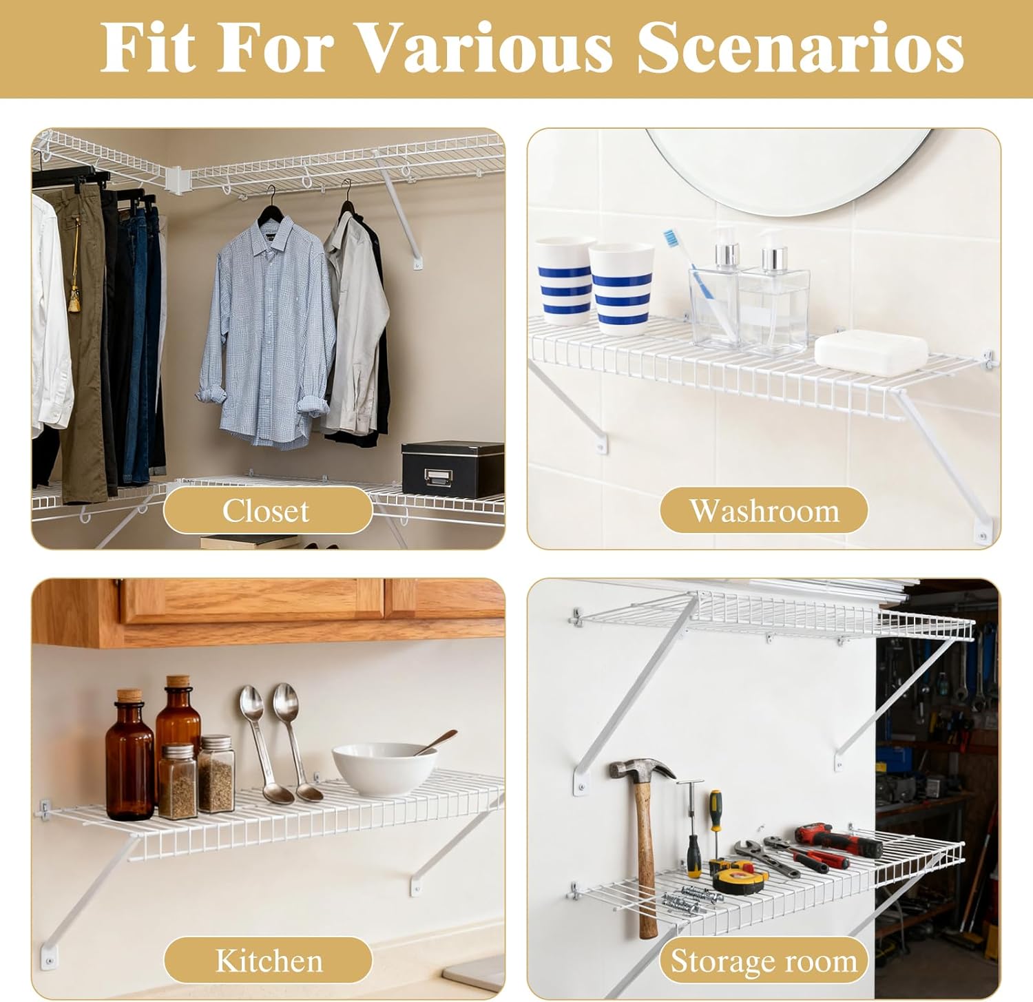 12 Inch Wire Shelf Bracket Set, Heavy Duty Closet Shelf Brackets for 12inch Closet Shelves, Include 4 Shelf Support Bracket and 8 Wire Shelf Clips & 2 End Brackets, with Screws，4Pcs