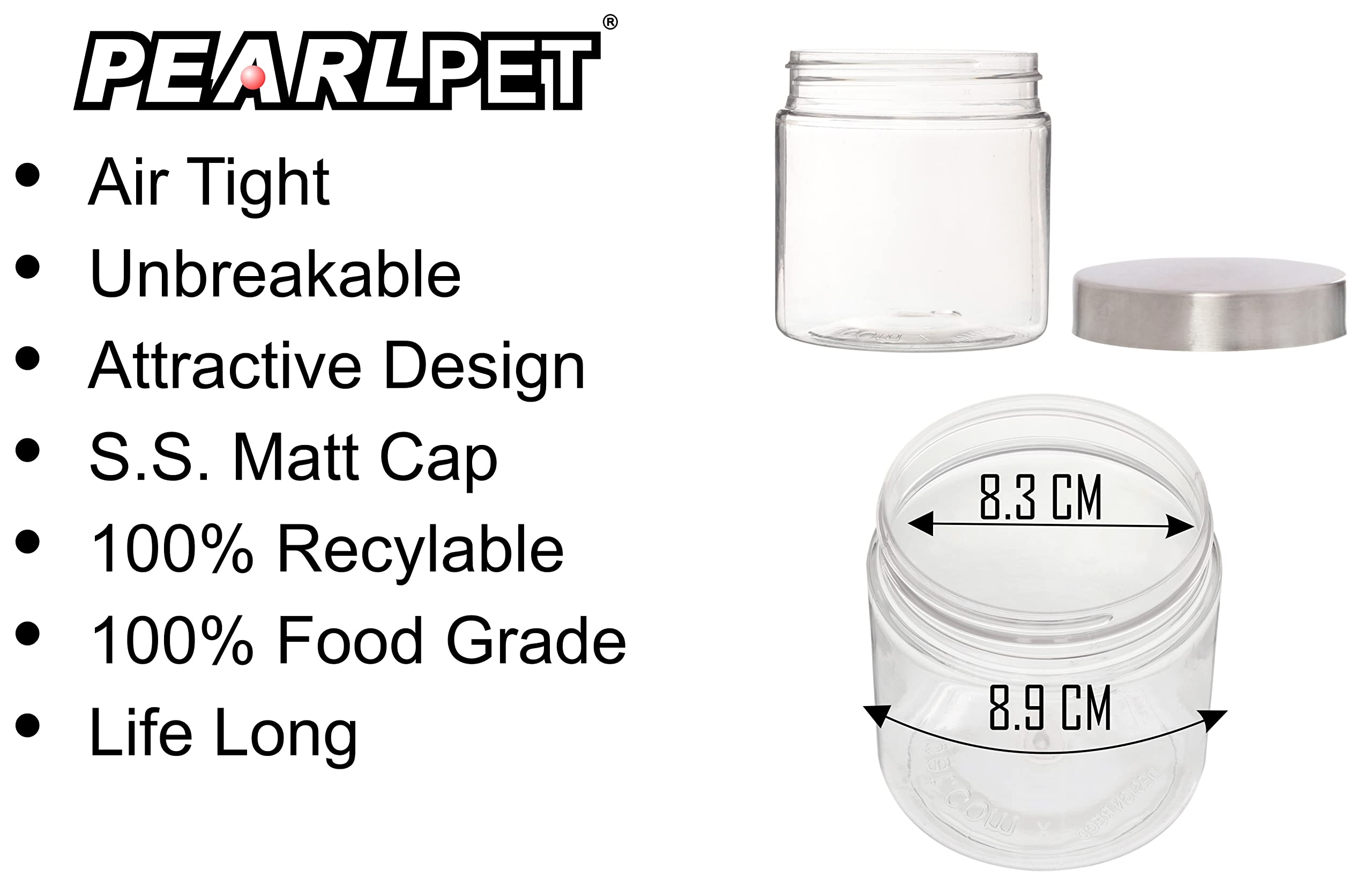 PEARLPET Plus Range Plastic Storage Containers for Kitchen Airtight | Steel Cap Jar Set of 6 Food Grade Boxes for Storing | BPA - Free, Stackable | 500 ml 2