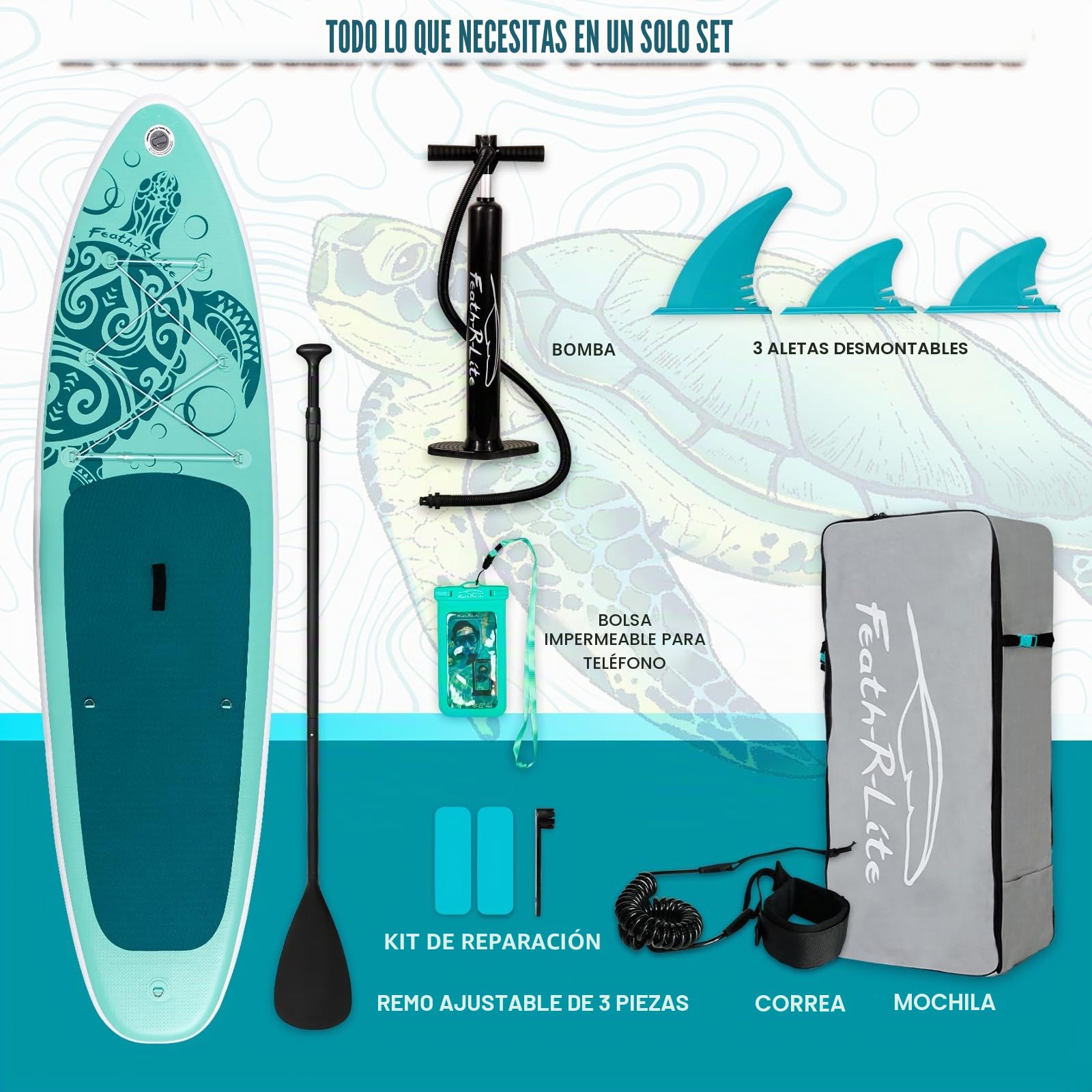 FEATH-R-LITE Tabla de Paddle Surf Hinchable Ultraligera, con Remo Ajustable, Bomba, Mochila, Leash y Aletas, para Principiantes y Avanzados