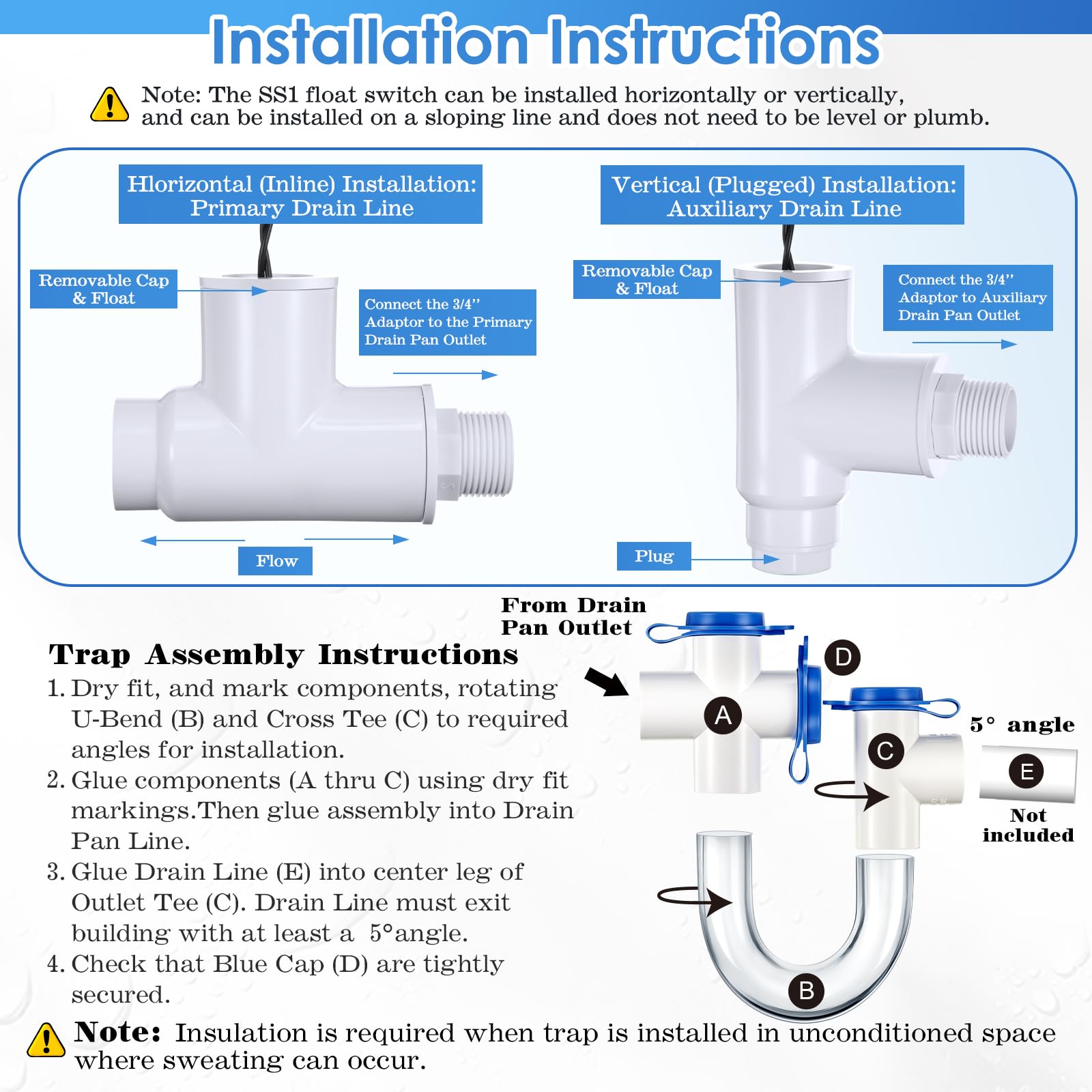 Trampa de condensado estándar de 3/4 pulgadas con cepillo de limpieza e interruptor de flotador de desbordamiento de condensado SS1 para sistemas HVAC, aire acondicionado
