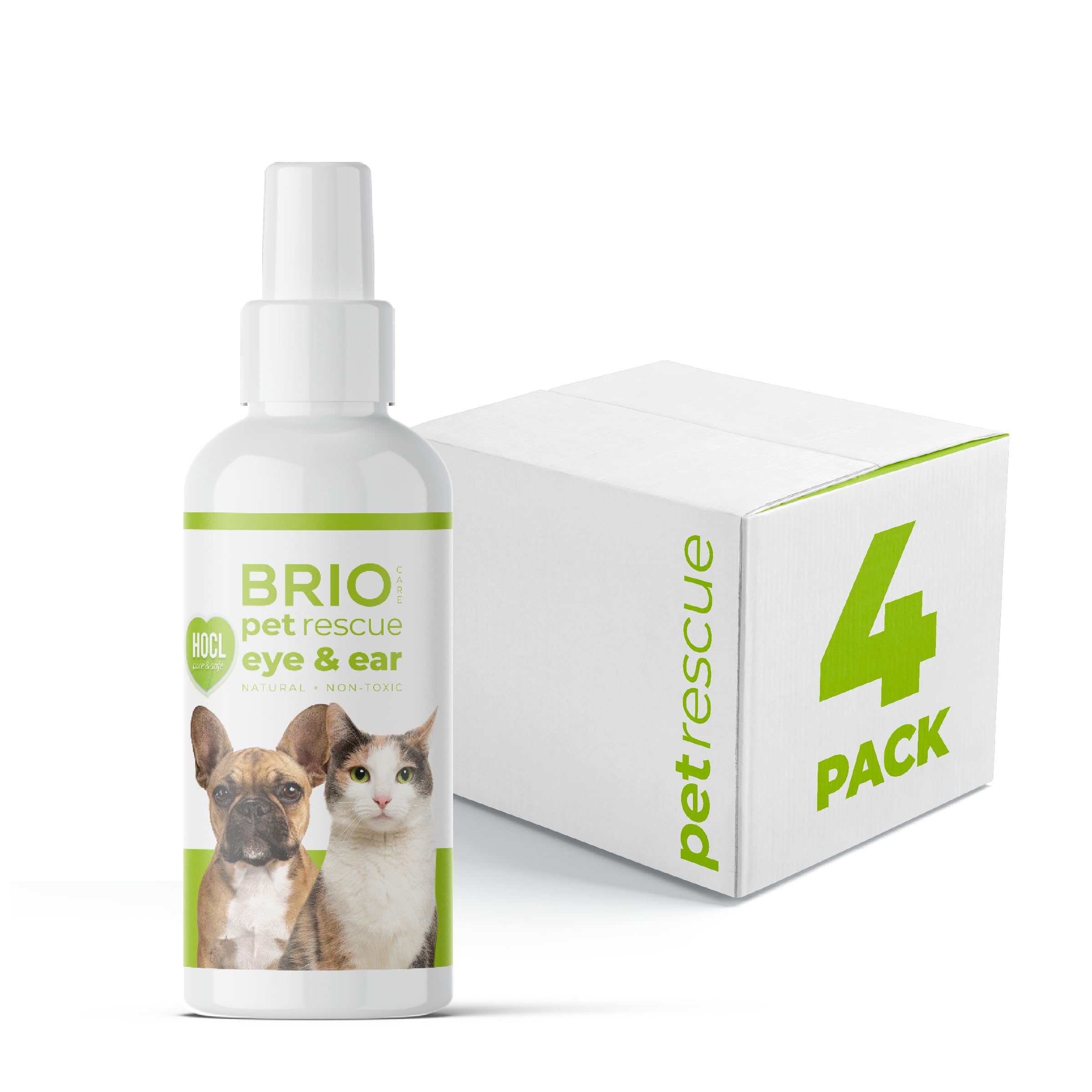 BRIOTECH Pet Rescue Eye & Ear, Hypochlorous Acid Spray, Soothe Dog & Cat Irritations, Ear Itching, Ear Cleaner, Animal Eye Wash, Swelling, Odor, Red Eye, Tear Stain, Pure HOCl, 3.4 fl oz ea, 4 ct