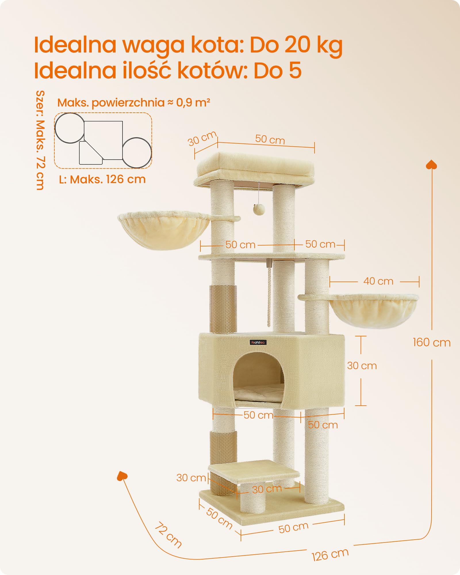 Feandrea Drapak dla kota z ciepłymi kocykami, dla dużych kotów, 2 szczotki kotów, pień o grubości 11,1 cm, duże platformy, jaskinia, 50 x 50 x 160 cm, piaskowo-beżowy PCT003Y01