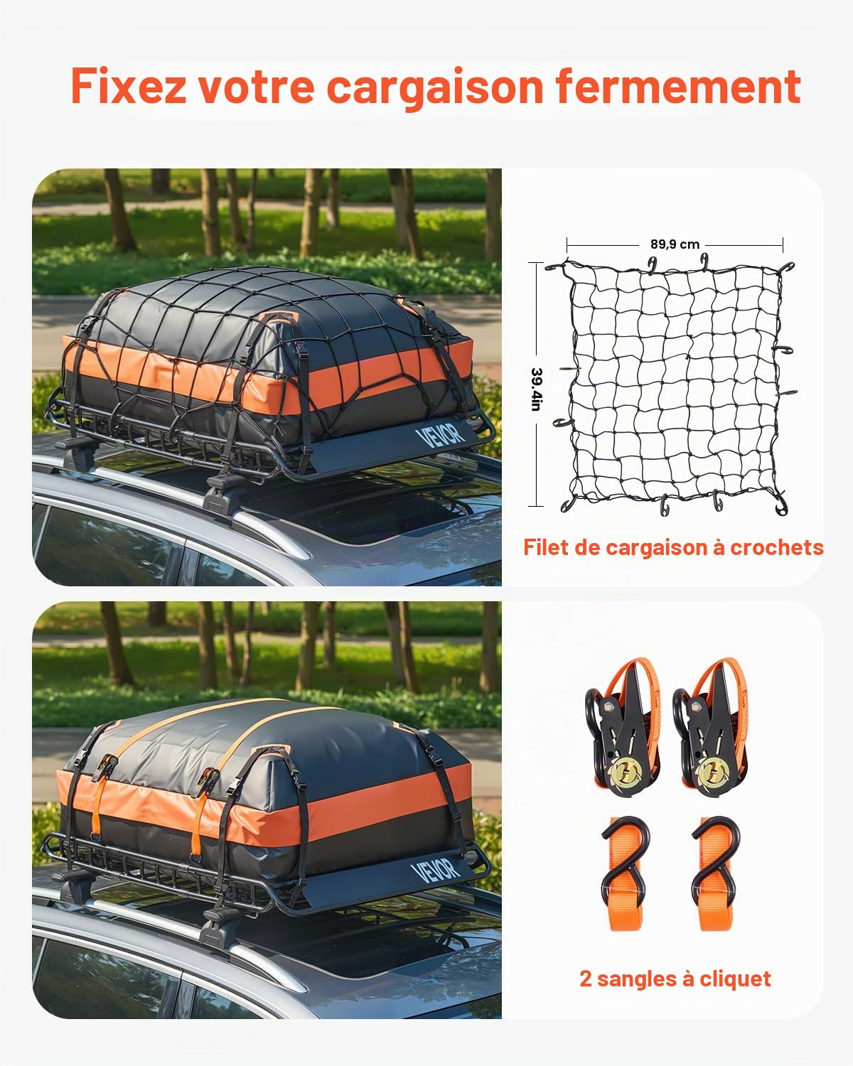 VEVOR Porte-bagage pour voiture, 1300 x 910 x 105 mm, panier de toit universel en acier allié avec sac de chargement de 1120 x 870 x 260 mm, filet et sangles à cliquet, charge 90,7 kg, pour SUV Camion