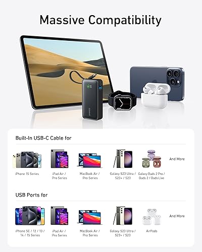 Miniatura 6 de Anker Nano Power Bank, cargador portátil de 10,000 mAh con cable USB-C integrado, salida máxima de 30 W, para iPhone serie 1615, MacBook, AirPods y