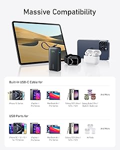 Anker Nano Power Bank, 10,000mAh Portable Charger with Built-in USB-C Cable, 30W Recharging, 30W Max Output with USB-C&A, for iPhone 16/15 Series, MacBook, Galaxy, AirPods, and More