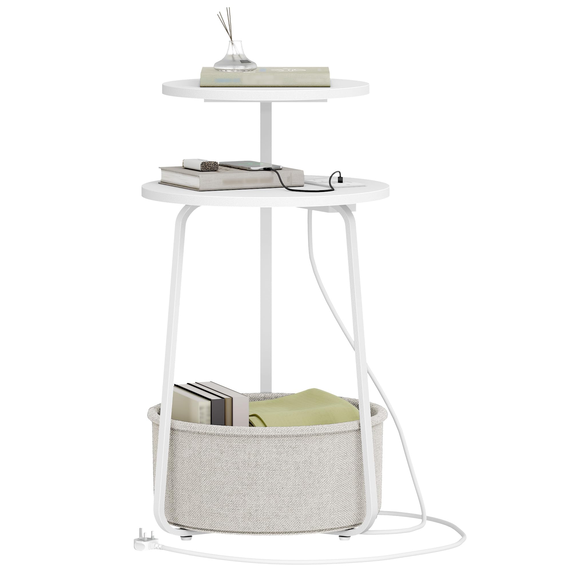 Hzuaneri Round Side Table with Charging Station, 2-Tier Coffee Table with Storage Fabric Basket and Power Outlet, Bedside Table for Living Room, Bedroom, White, ET02003WUK