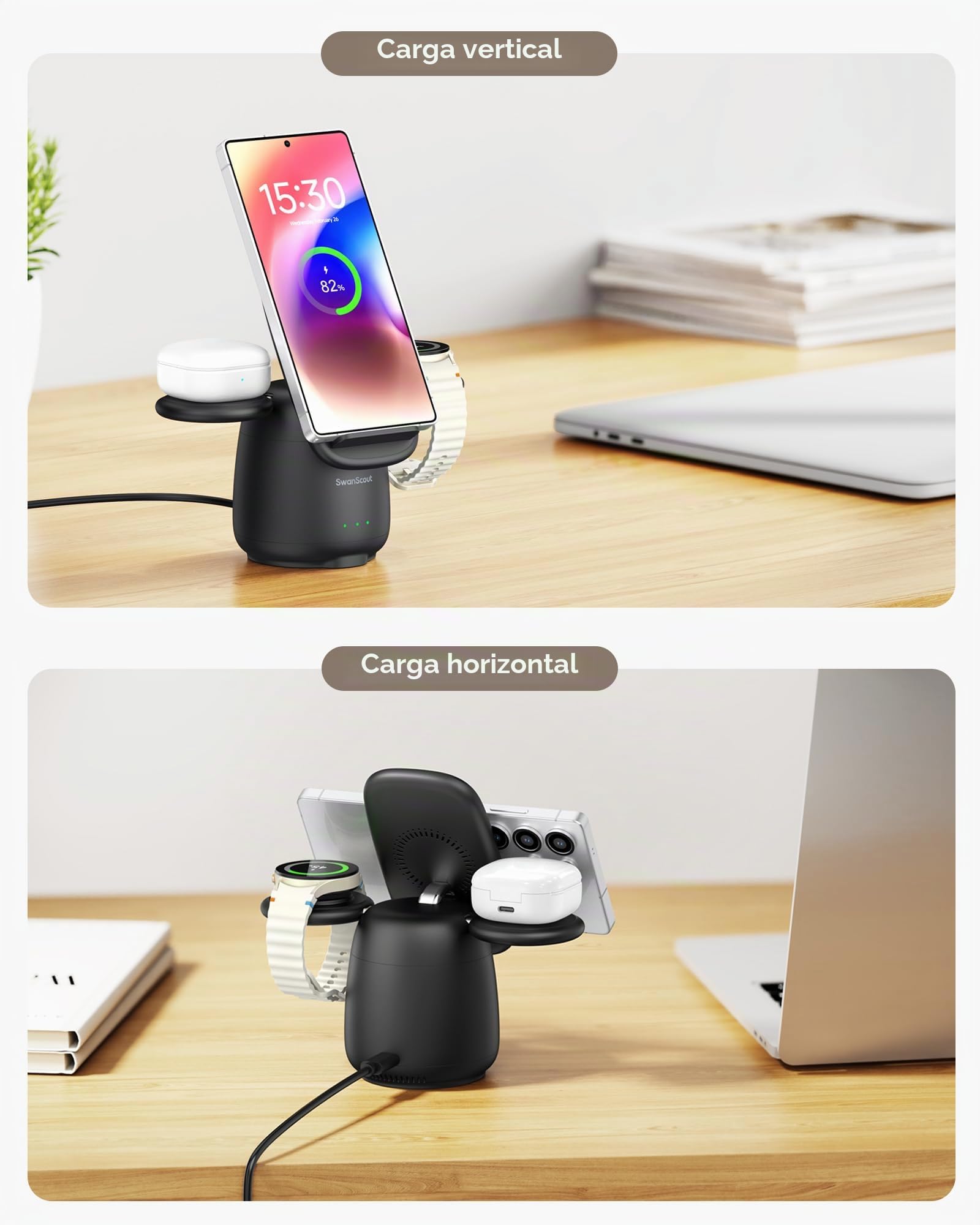 Cargador Inalámbrico para Samsung, Estación de Carga Inalámbrica 3 en 1 para Galaxy S25 Ultra/S24/S23/Z Flip 7/Z Fold 7, Base para Galaxy Watch 8/Ultra/7/6/5/Buds, SwanScout 707S (No Adapter)