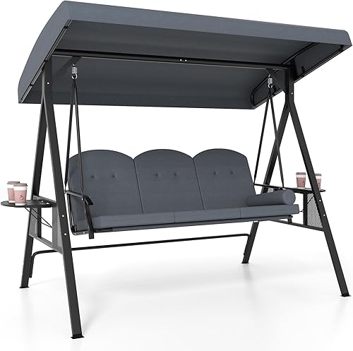 Tangkula Columpio de porche para 3 personas, columpio al aire libre con toldo ajustable, cojines gruesos y almohada, marco de metal, bandeja lateral