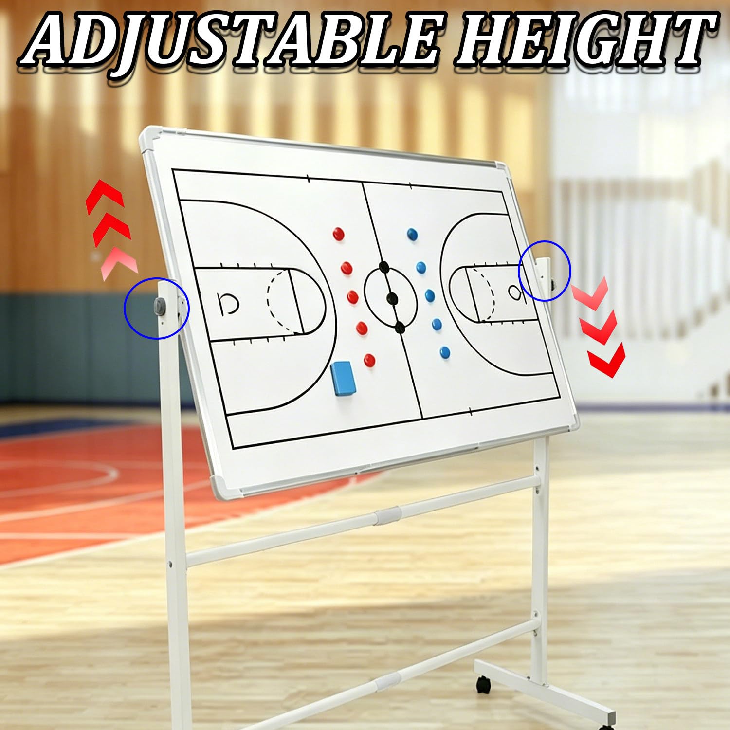Mobilna tablica szkoleniowa na kółkach, dwustronna tablica trenerska z diagramem boiska, metalowy stojak z regulacją wysokości, kółka jezdne, akcesoria magnetyczne Basketball