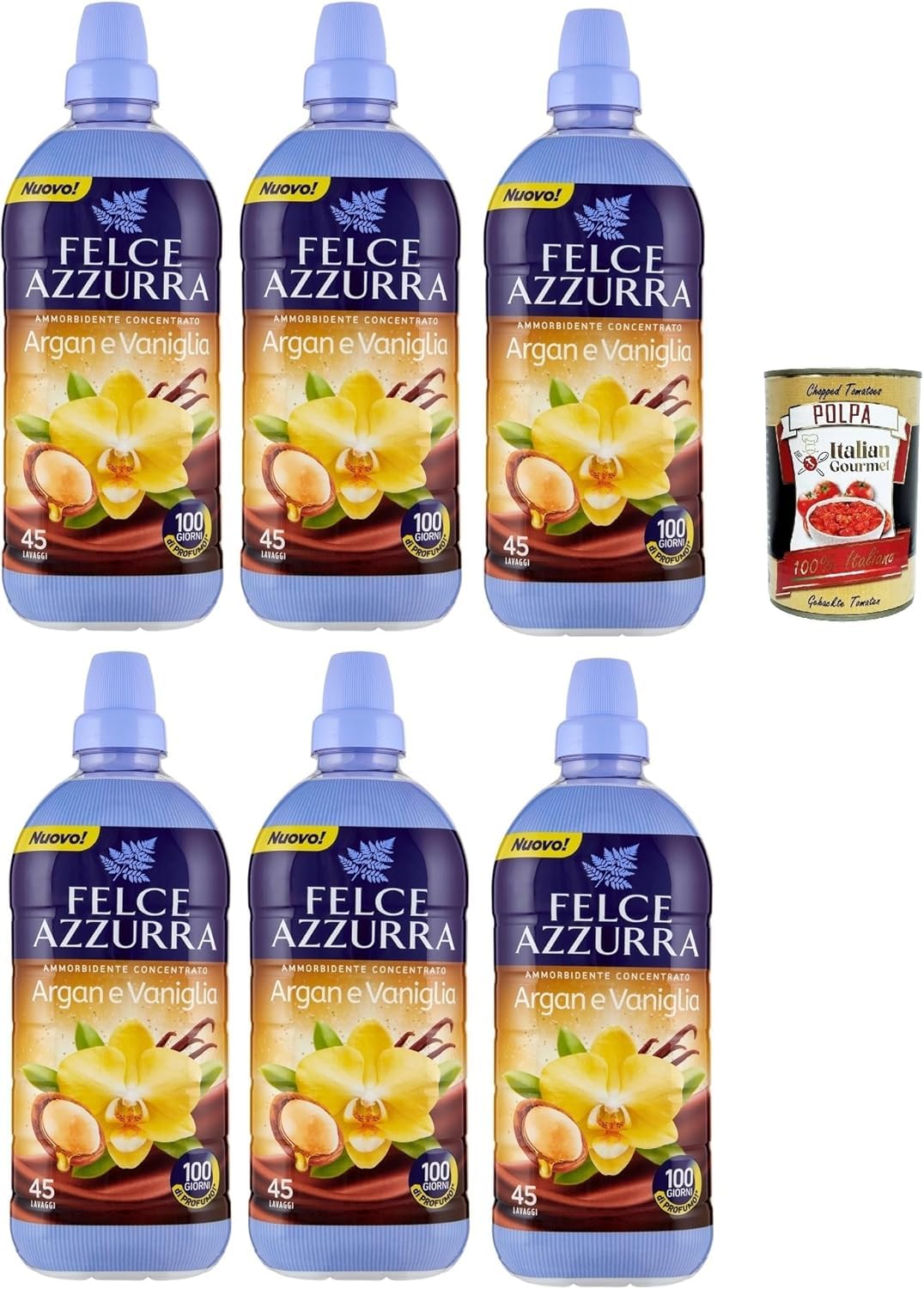 Italian Gourmet Bundle Felce azzurra 6x Assouplissant Concentré 900 ml Parfum Argan & Vanille, linge doux longue durée, fraîcheur intense, idéal machine & lavage quotidien, + Italian Gourmet Polpa