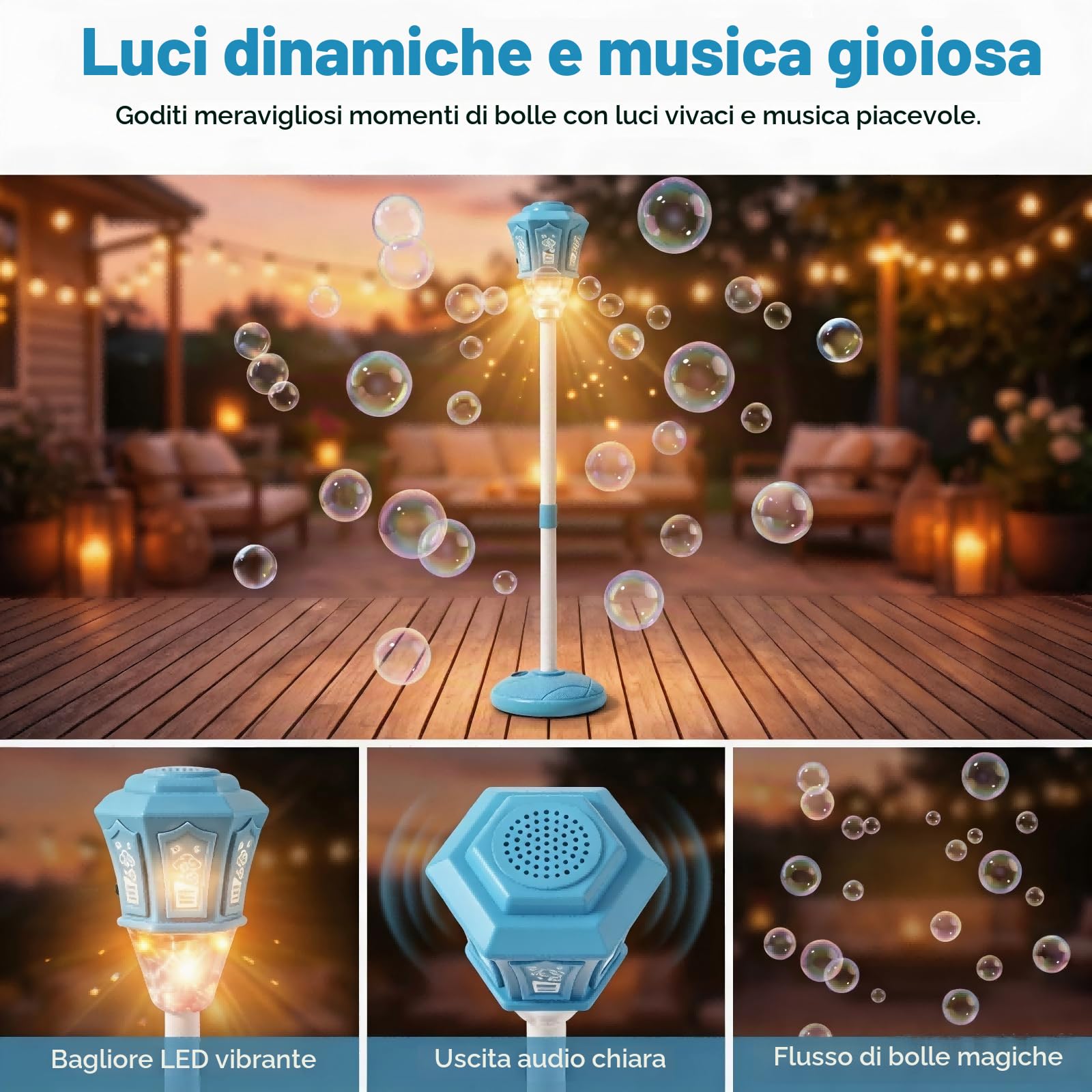 Macchina Bolle di Sapone con Telecomando, 3 Altezze Regolabili fino a 119cm, Luce RGB e Musica, Batteria Ricaricabile USB, Base Stabile, per Bambini Festa Outdoor Matrimonio Giardino