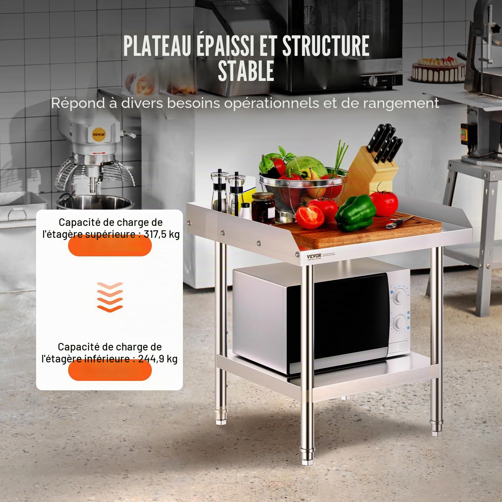 VEVOR Table de Travail en Acier Inoxydable 61x61x66 cm, Table de Préparation des Aliments Commerciale, Dosseret à 3 Côtés, Hauteur Réglables, Meuble de Rangement des Aliments, pour Cuisine Restaurant