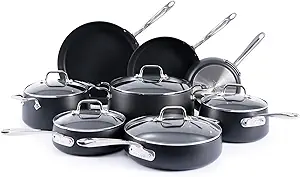 Juego de utensilios de cocina antiadherentes anodizados duros All-Clad HA1 Expert (13 piezas), ollas y sartenes, apto para lavaplatos y horno hasta 260 °C. Compatible con todo tipo de cocinas (gas, eléctricas e inducción). Color negro.