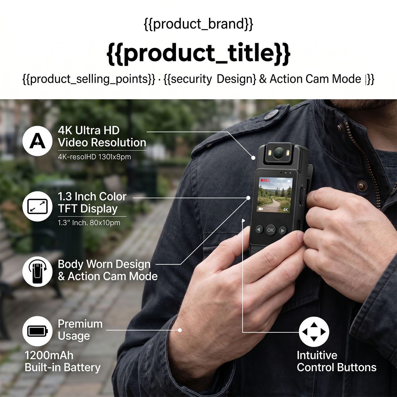 Fotocamera Indossabile 4K, Obiettivo Rotante a 180°, Rilevamento del Movimento, Action Cam Indossabile, Videoregistratore Portatile con WiFi e Display TFT per Vlogging, (128GB)