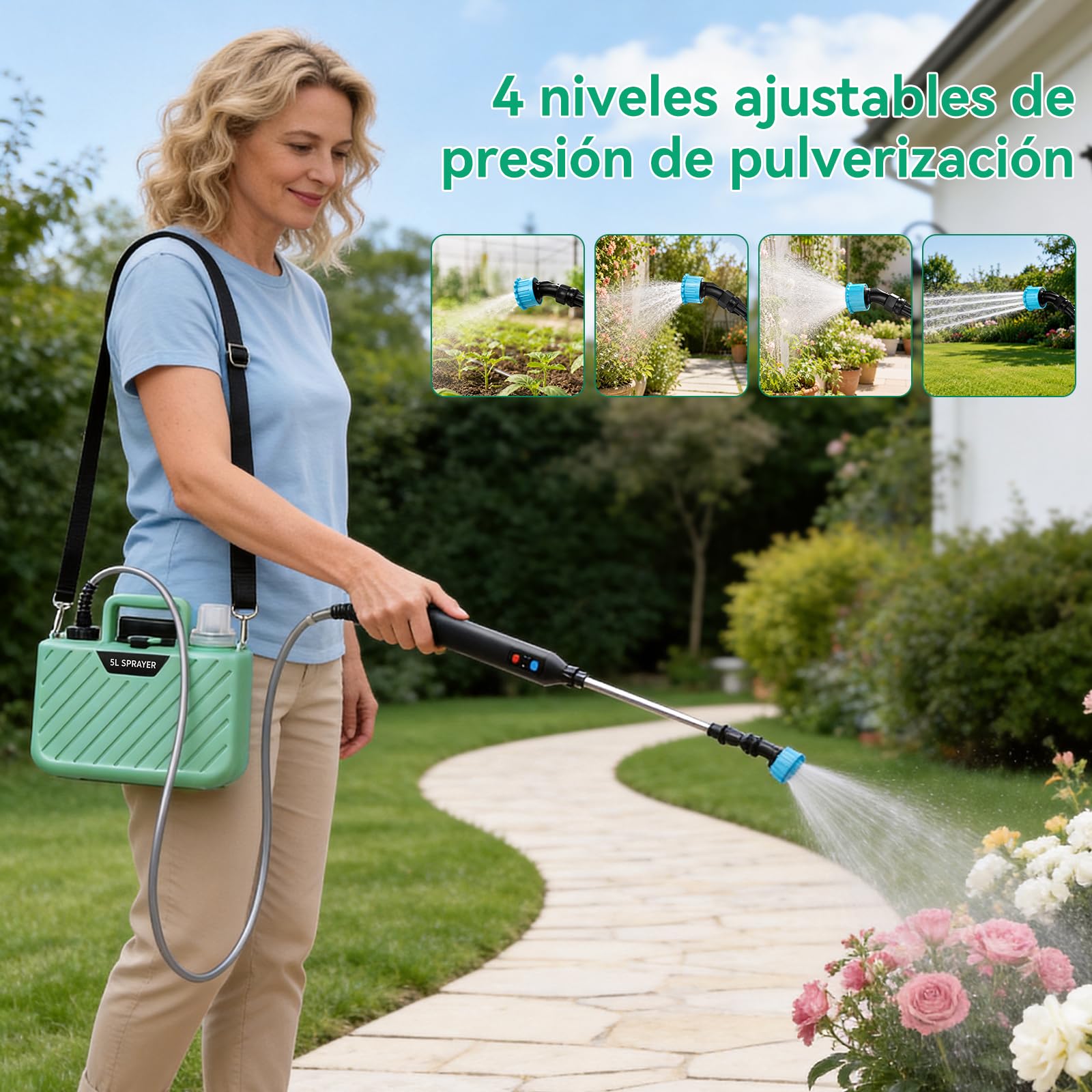MANKIW Pulverizador a Presión con Batería de 5 L, Pulverizador Eléctrico con 3 Boquillas, Batería USB, Varilla Telescópica y Correa para el Hombro
