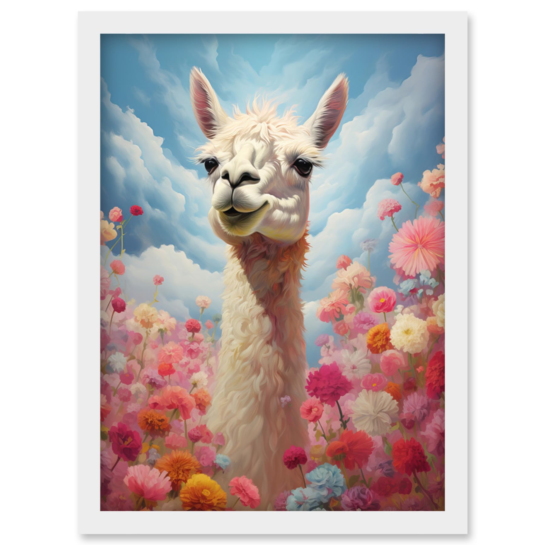 Artery8 Happy Llama Peeking Head Over Pink Flowers Bright Colourful Artwork Kids Bedroom Dreamy Spring Meadow Artwork Framed Wall Art Print A4