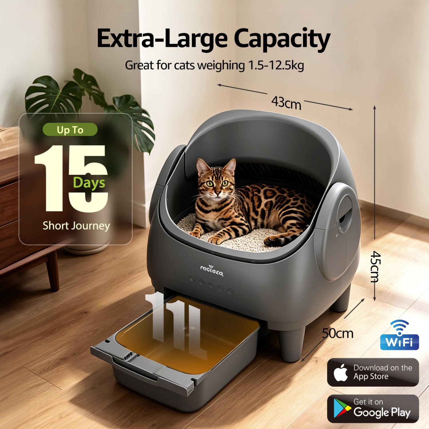Nobleza Arenero Gatos Autolimpiable Abierto - Arenero Automático Inteligente con Control por App, Multi-Sensores de Seguridad, para Gatos 1-15kg, Incluye Bolsas y Desodorantes, Gris