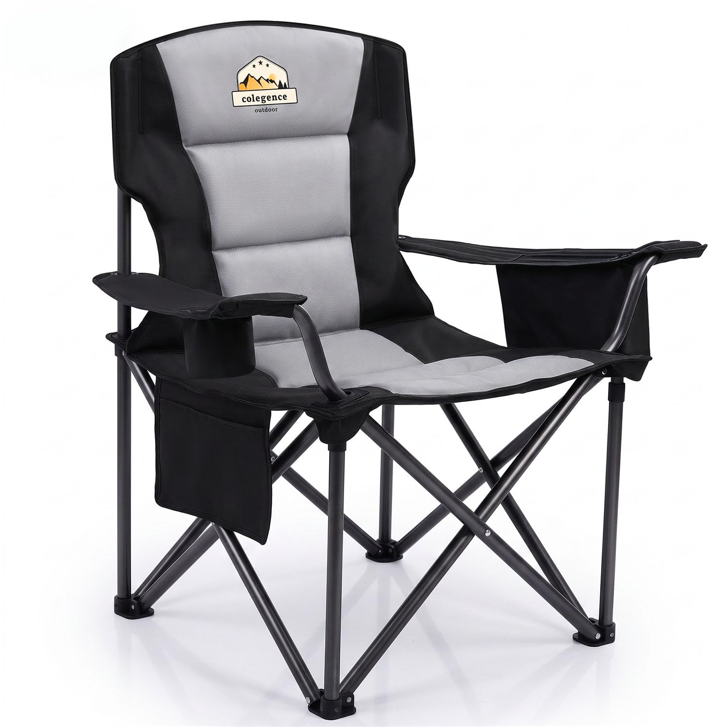 Colegence Oversized Heavy Duty Camping Chair for Adults, 450 lb, Black | Folding camp chair with padded seat, cooler bag, cup holder, side pocket, carry bag for lawn, fishing, sports and tailgating.