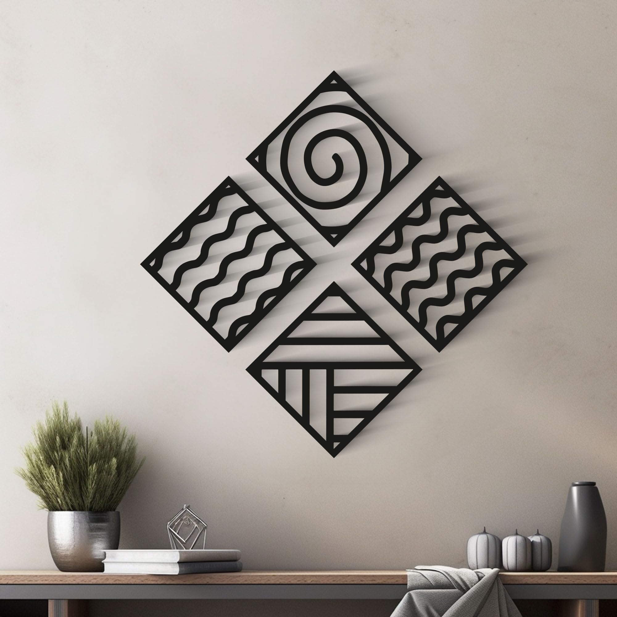 Four Elements Wall Art Set of 4, Modern Metal Wall Art for Living Room, Bedroom, Dining Room, Kitchen, Bathroom, Office, Home Decor, Black