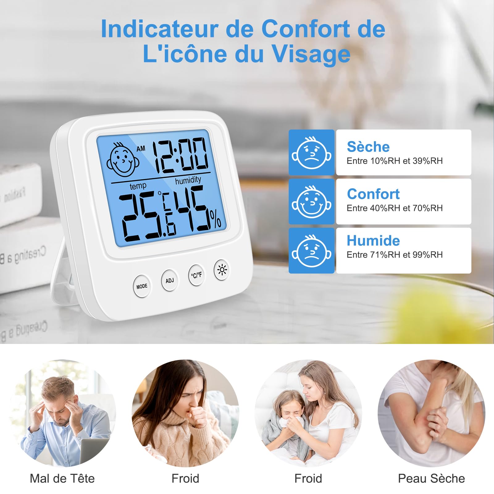 Vinabo Thermomètre Hygromètre Intérieur Digital Haute Précision avec Rétroéclairage Horloge