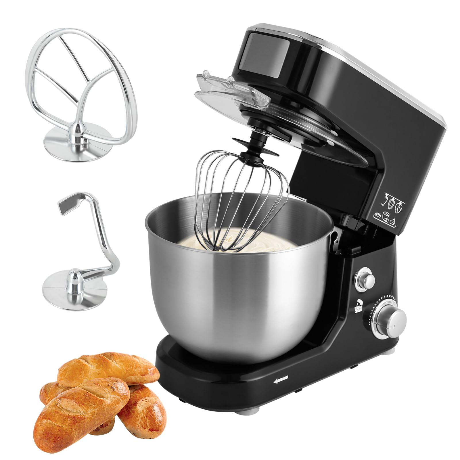 Robot da cucina da 5 l, impastatrice da 1000 W, con 3 livelli di velocità, impastatrice in acciaio inox 304, frullatore cucina, tritacarne elettrico, con frusta e gancio per impastare