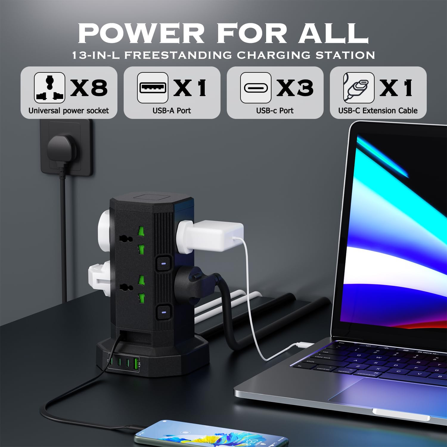 Multiprise avec 4 USB,Tour Multiprise avec câble rétractable Type-C