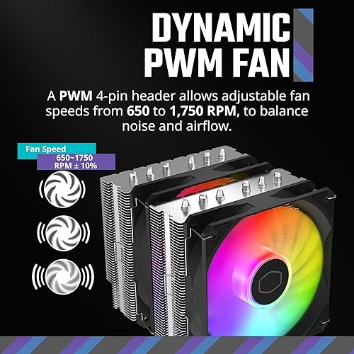 Miniatura 6 de Disipador Master Hyper 620S de Torre Dual para CPU, sincronización ARGB, ventilador PWM de 4.92 pulgadas, 6 tubos disipadores de calor de contacto