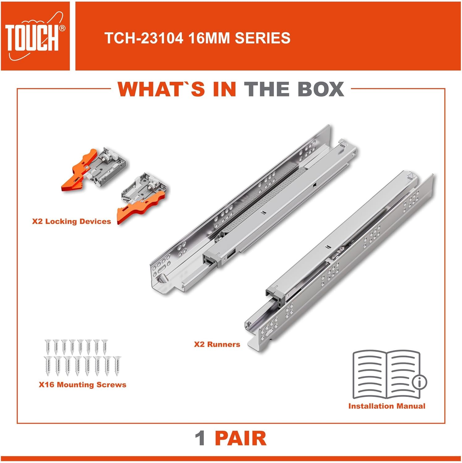 TOUCH Undermount Drawer Slides, Self-Soft Close (1 Pair, 18 Inch 457mm) for 1/2 and 5/8 Inch Side Panel, Kitchen Concealed Drawer Track Guide, Bottom Mount, 75 LB Capacity 3D Adjustable Lock Device.