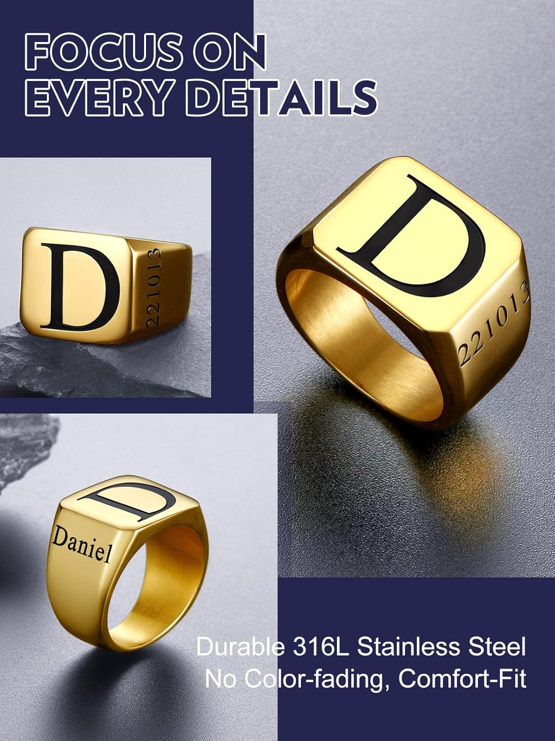Bandmax Custom Signet Letter Stainless Steel/14K Gold Plated Black Initial Ring for Men Personalized Engraved Name Ring Gift for Father Husband Son Friend