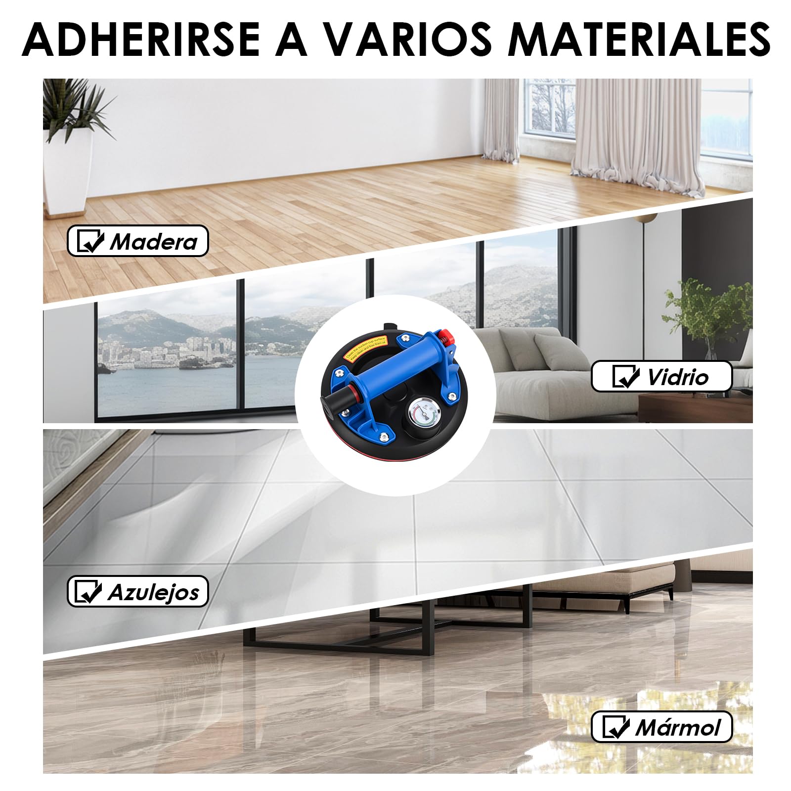 2 Piezas 8" Ventosas para Cristal con Manómetro, Ventosa Capacidad de Carga Máxima 200 kg, Ventosa Cristal con Caja de Transporte para Vidrio, Azulejos, Mármol, Azul