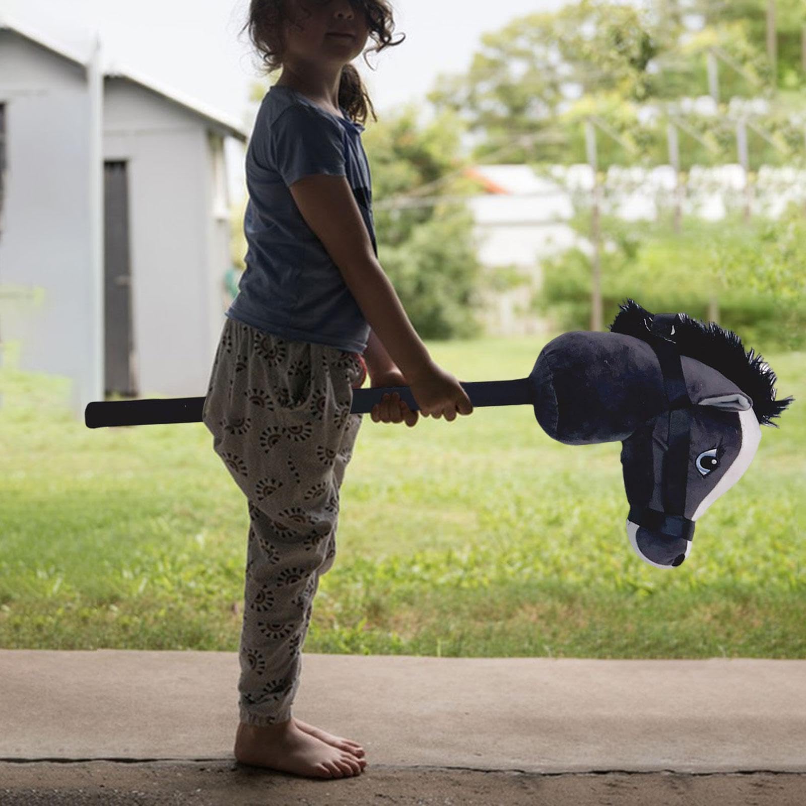 Hobby Horse Steckenpferd Kinder Plüsch Reitspielzeug Tierkopf Stabspielzeug mit Griff Aus Weichem Pp Baumwollstoff für Bühnenstücke Und Freizeit Drinn, Schwarz