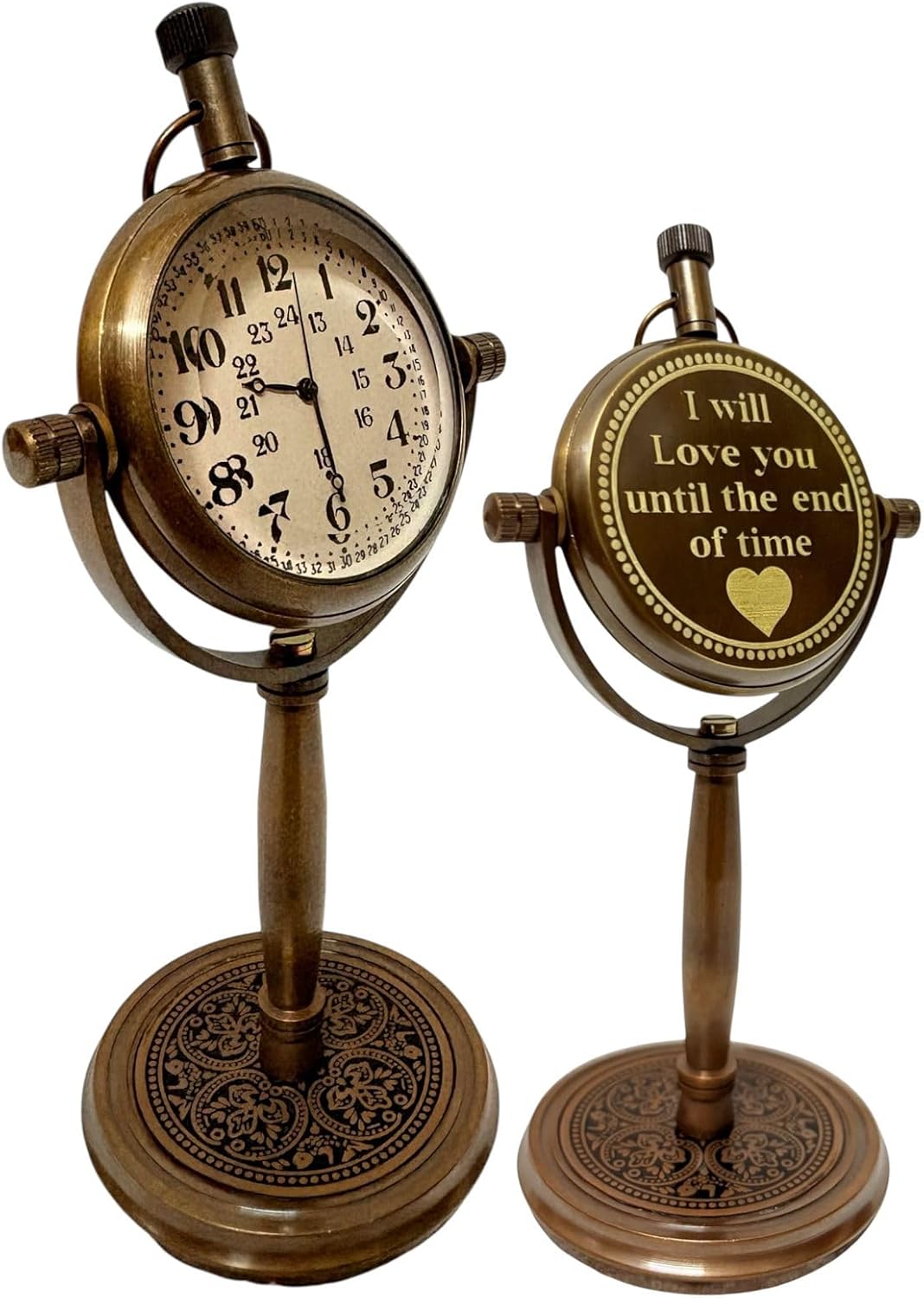 LIARA Reloj de escritorio de pie de doble cara de estilo vintage, acabado de latón, pantalla de mensaje de amor, base decorativa